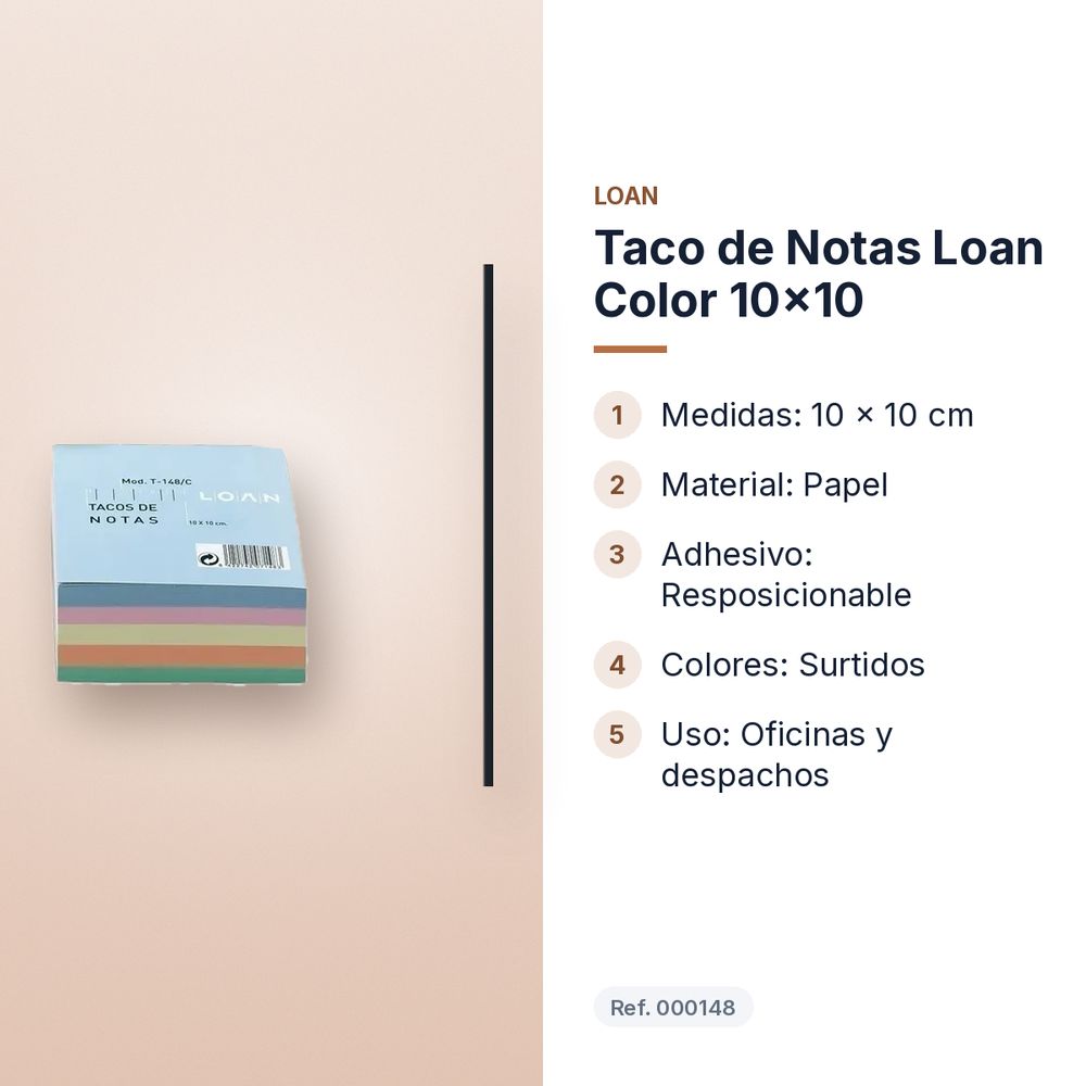 TACO DE NOTAS LOAN COLOR 10X10  - características principales