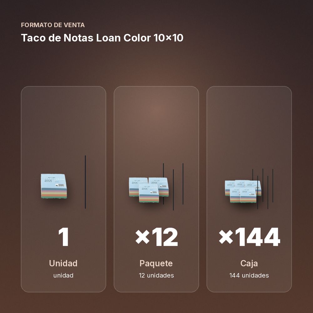 TACO DE NOTAS LOAN COLOR 10X10  - formato de venta: paquete de 12, caja de 144