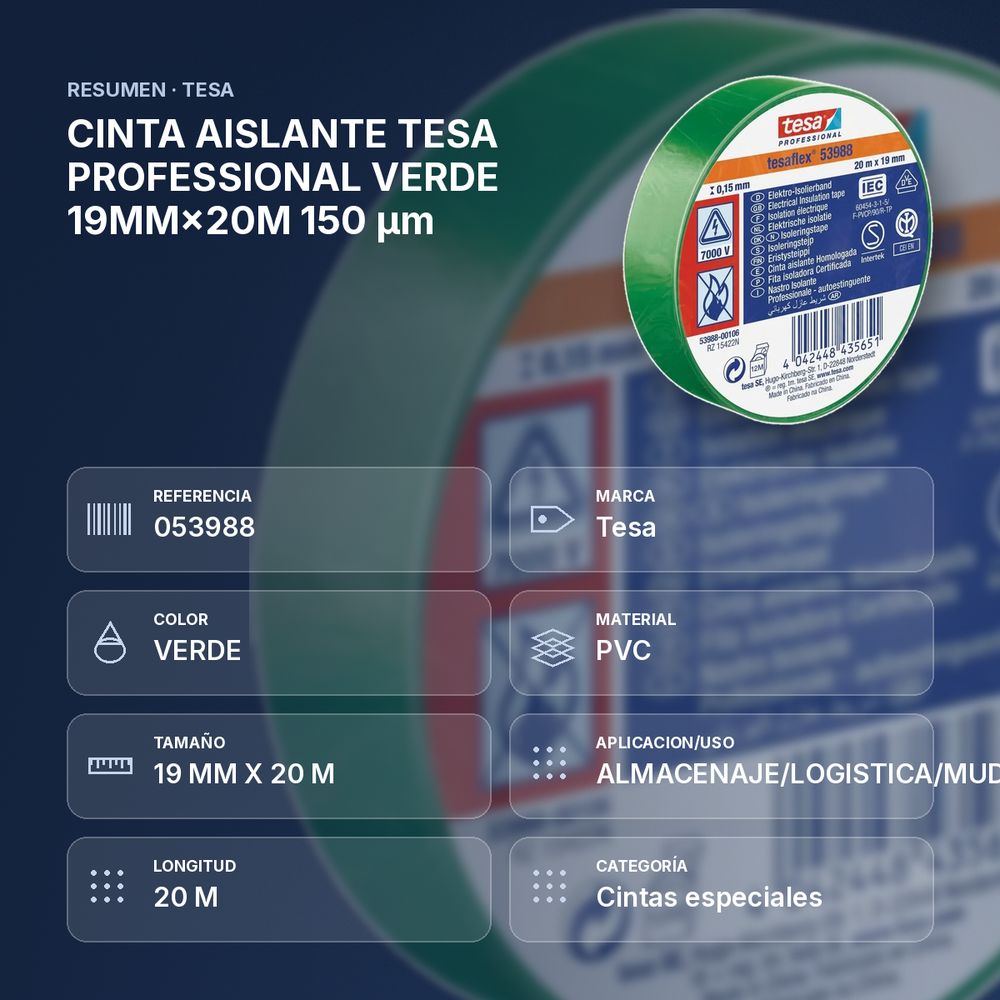 CINTA AISLANTE TESA PROFESSIONAL VERDE 19MM×20M 150 µm  - resumen de atributos