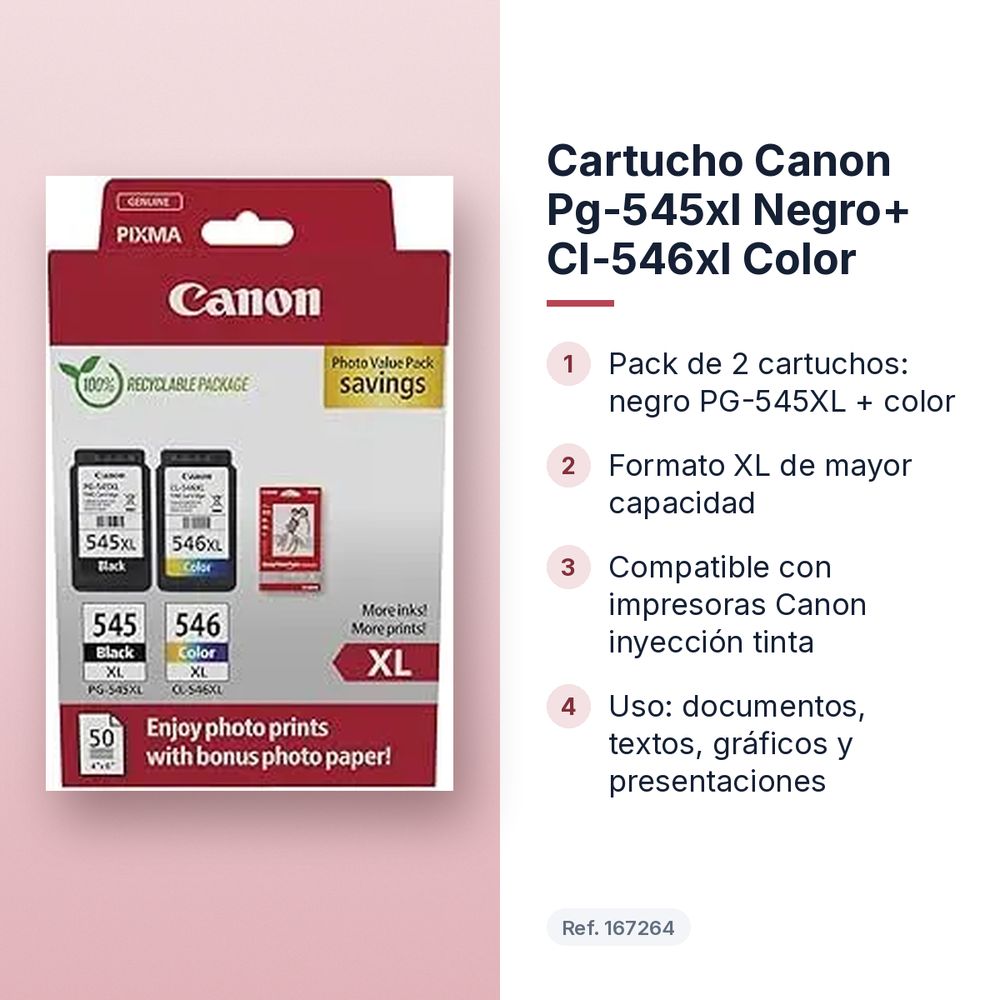 CARTUCHO CANON PG-545XL NEGRO+ CL-546XL COLOR - características principales