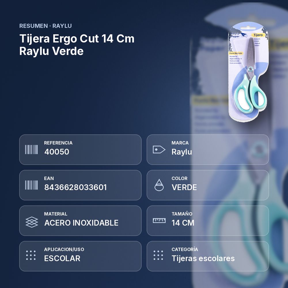 TIJERA ERGO CUT 14 CM RAYLU VERDE - resumen de atributos