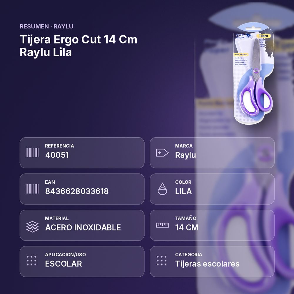 TIJERA ERGO CUT 14 CM RAYLU LILA - resumen de atributos