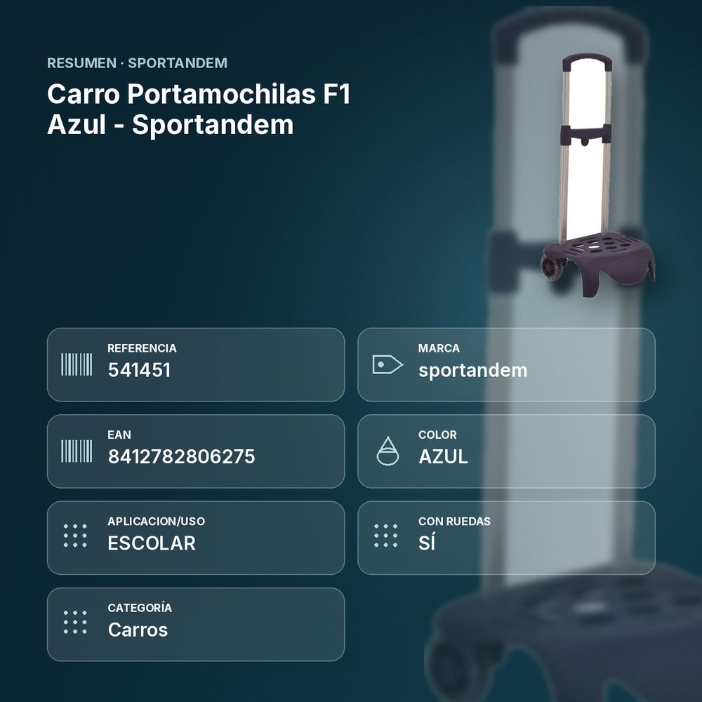 CARRO PORTAMOCHILAS F1 AZUL - SPORTANDEM - resumen de atributos