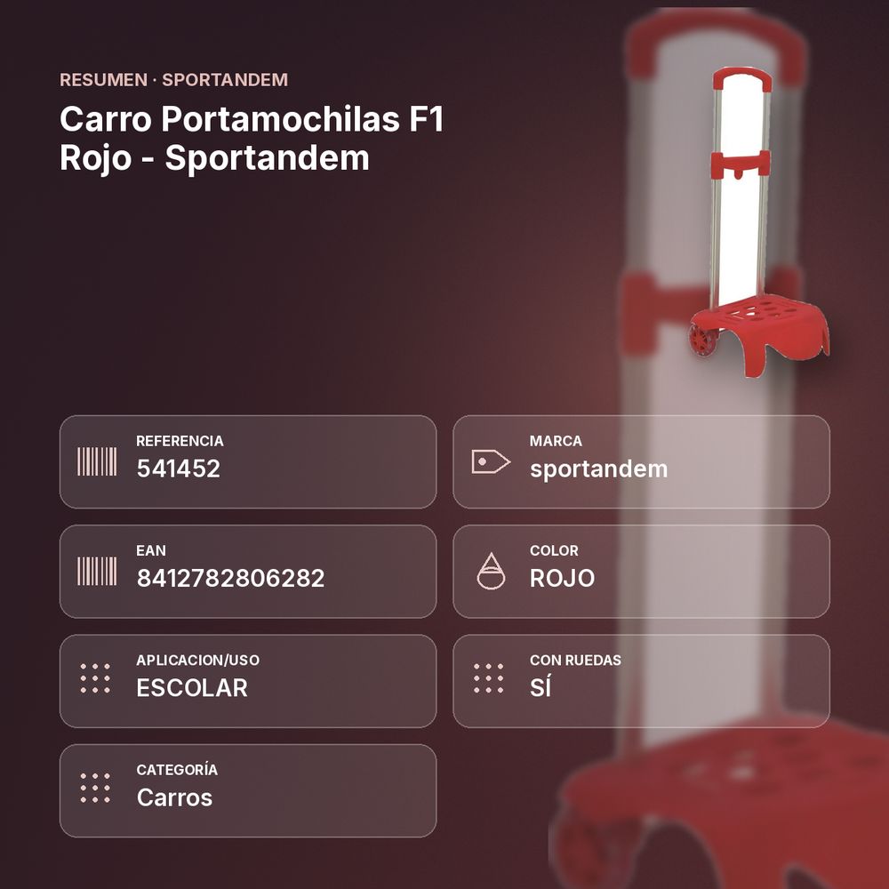 CARRO PORTAMOCHILAS F1 ROJO - SPORTANDEM - resumen de atributos