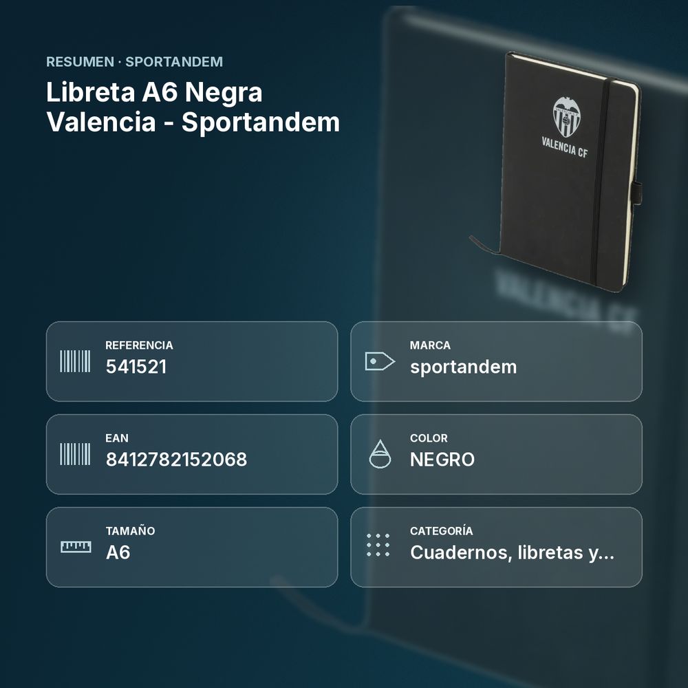 LIBRETA A6 NEGRA VALENCIA - SPORTANDEM - resumen de atributos