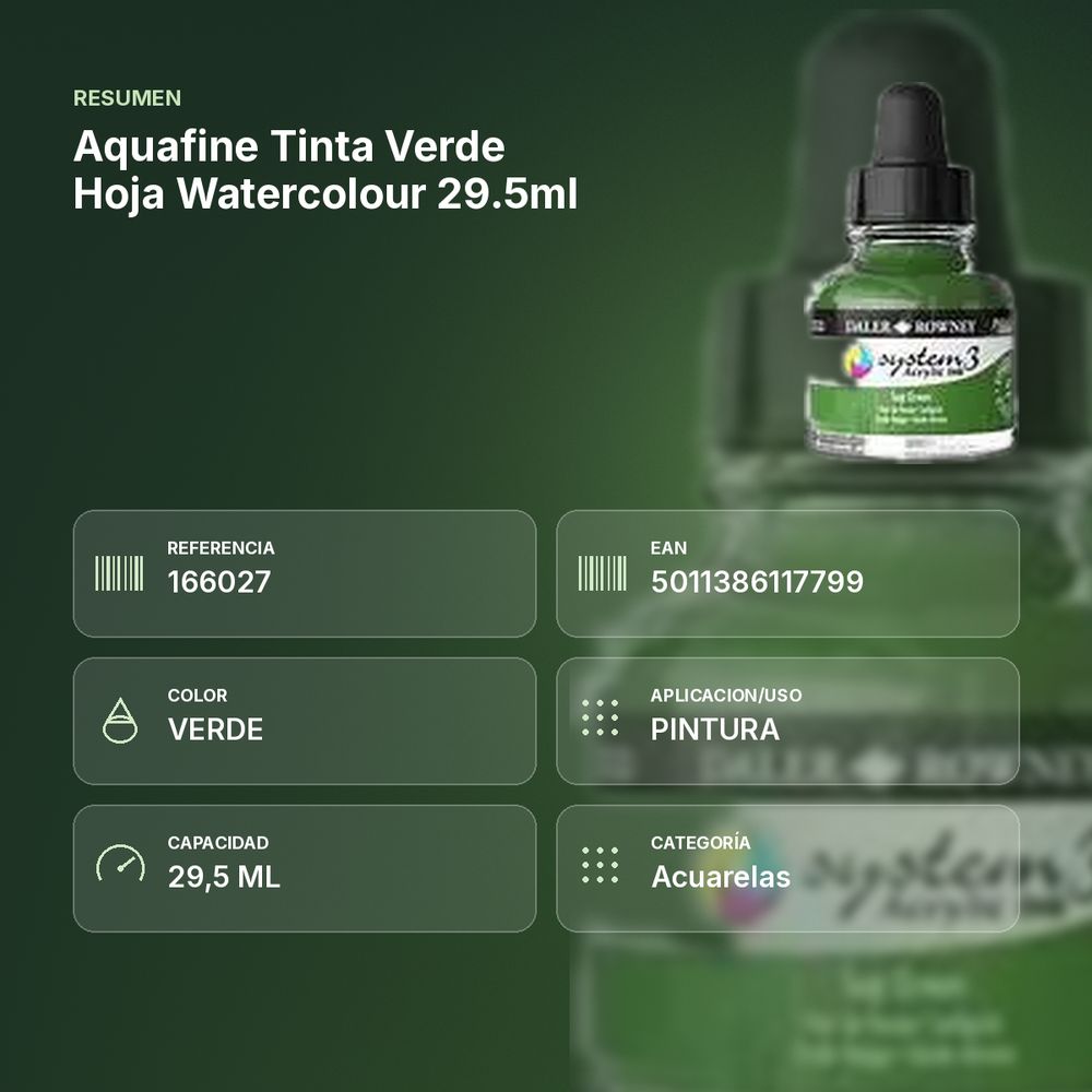 AQUAFINE TINTA VERDE HOJA WATERCOLOUR 29.5ML  - resumen de atributos