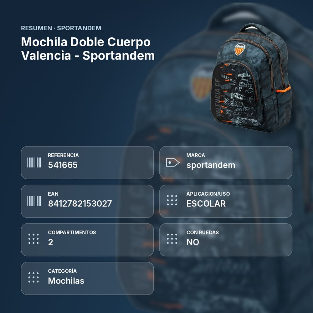 MOCHILA DOBLE CUERPO VALENCIA - SPORTANDEM - resumen de atributos