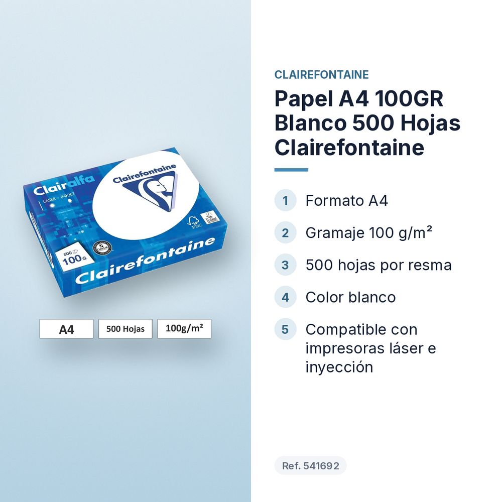 PAPEL A4 100GR BLANCO 500 HOJAS CLAIREFONTAINE - características principales
