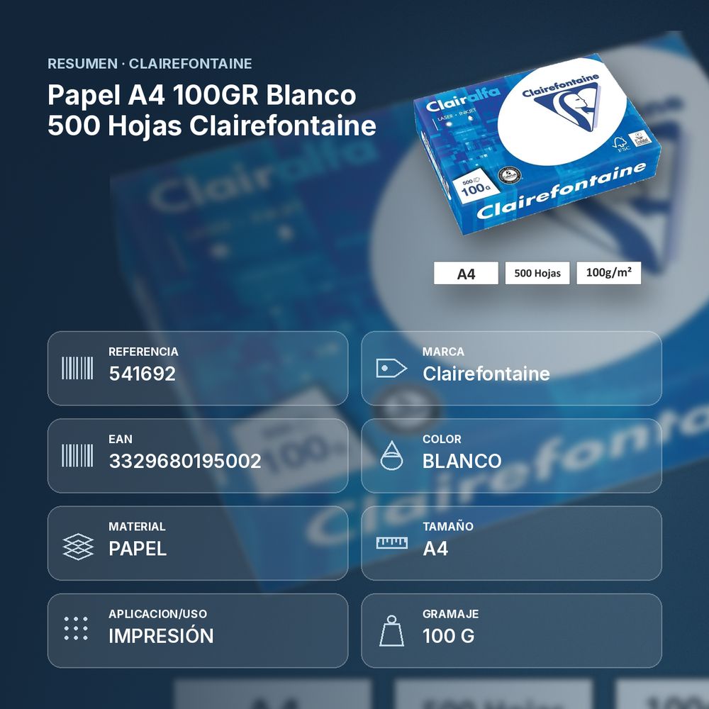 PAPEL A4 100GR BLANCO 500 HOJAS CLAIREFONTAINE - resumen de atributos