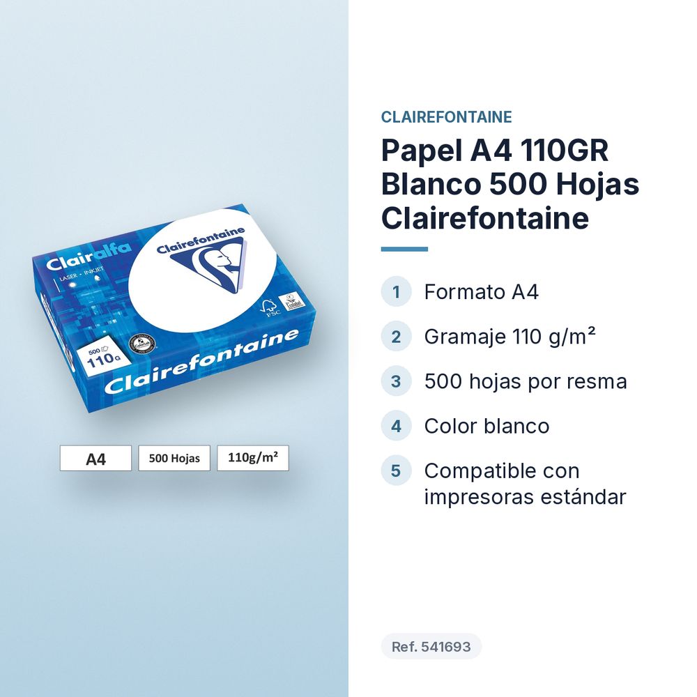 PAPEL A4 110GR BLANCO 500 HOJAS CLAIREFONTAINE - características principales