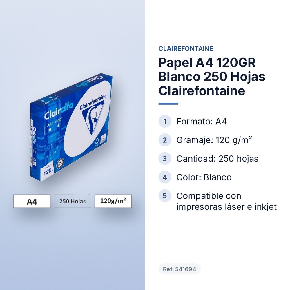PAPEL A4 120GR BLANCO 250 HOJAS CLAIREFONTAINE - características principales