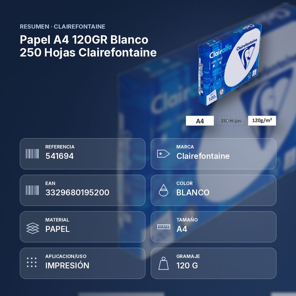 PAPEL A4 120GR BLANCO 250 HOJAS CLAIREFONTAINE - resumen de atributos