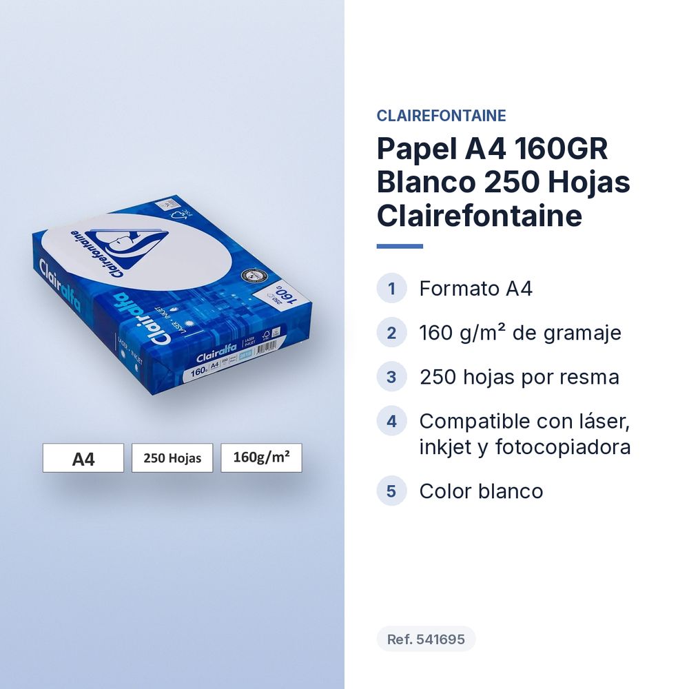 PAPEL A4 160GR BLANCO 250 HOJAS CLAIREFONTAINE - características principales