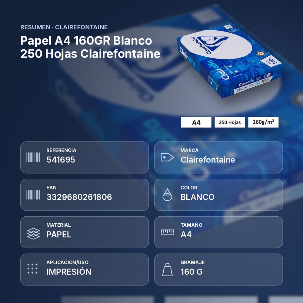 PAPEL A4 160GR BLANCO 250 HOJAS CLAIREFONTAINE - resumen de atributos