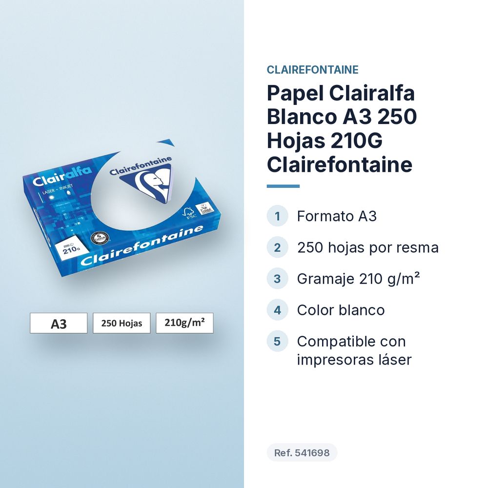 PAPEL CLAIRALFA BLANCO A3 250 HOJAS 210G CLAIREFONTAINE - características principales