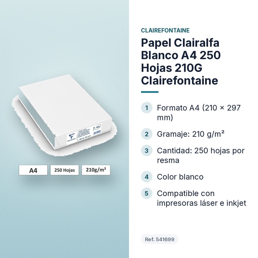 PAPEL CLAIRALFA BLANCO A4 250 HOJAS 210G CLAIREFONTAINE - características principales