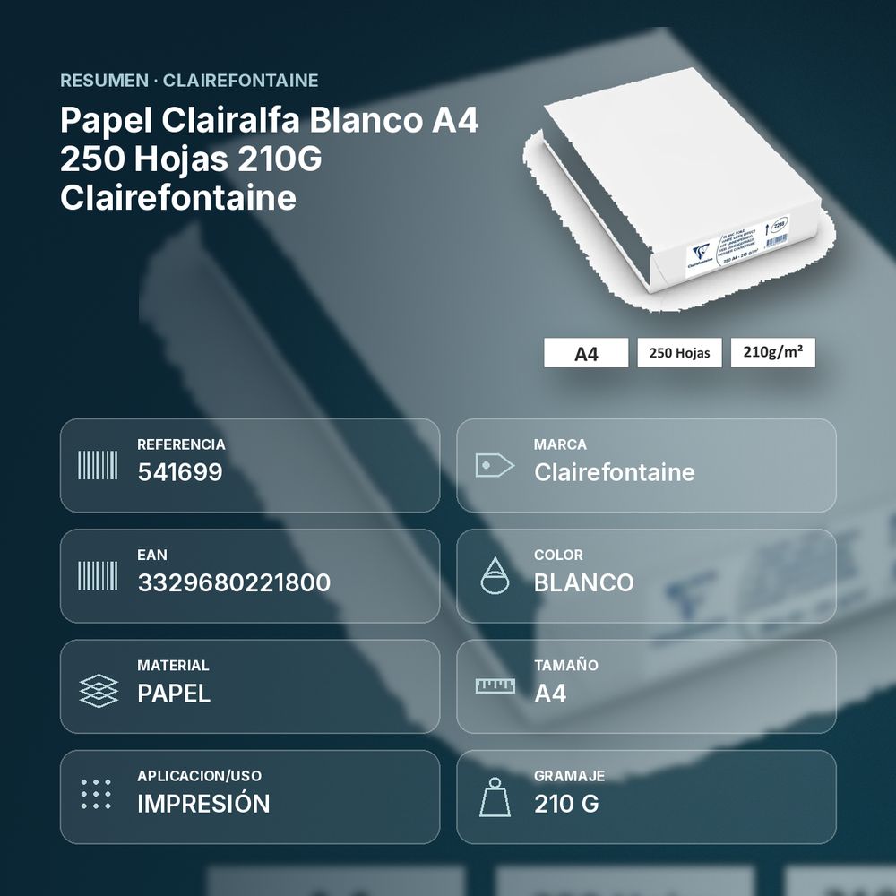 PAPEL CLAIRALFA BLANCO A4 250 HOJAS 210G CLAIREFONTAINE - resumen de atributos