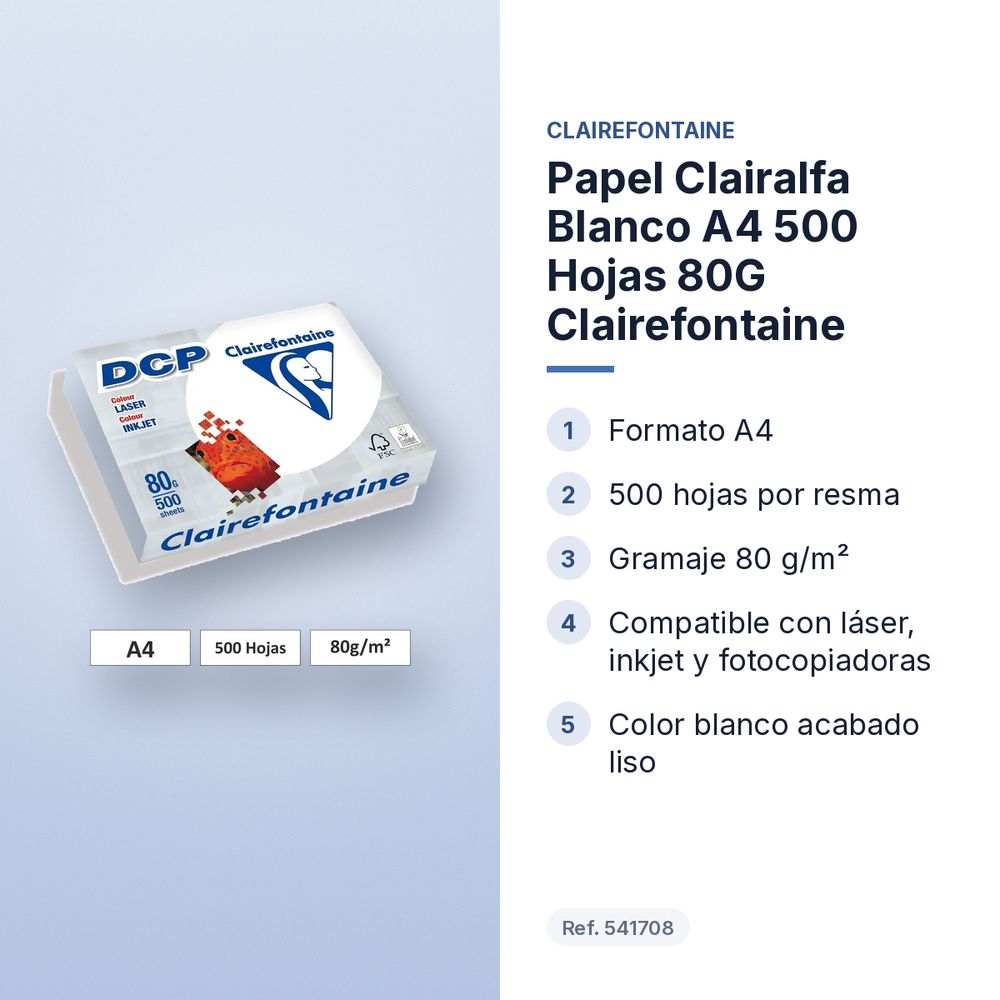PAPEL CLAIRALFA BLANCO A4 500 HOJAS 80G CLAIREFONTAINE - características principales