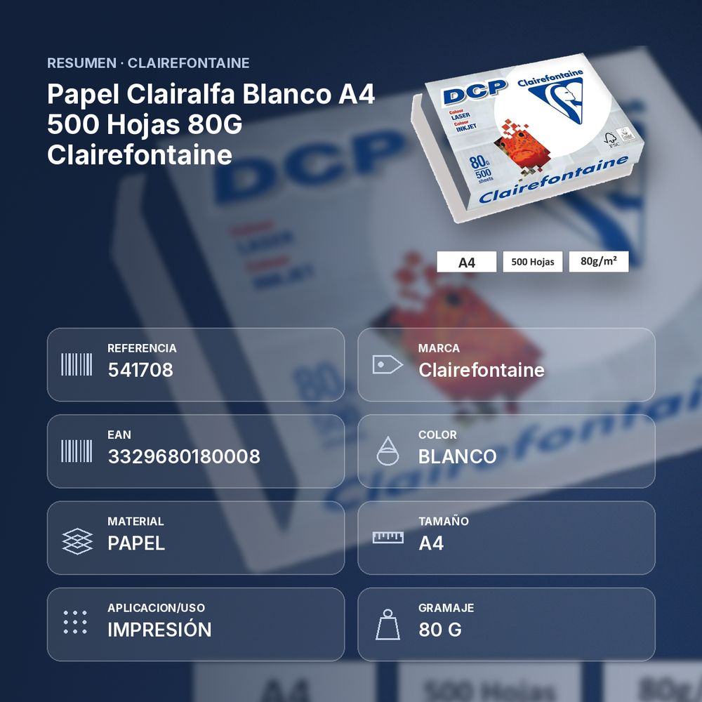 PAPEL CLAIRALFA BLANCO A4 500 HOJAS 80G CLAIREFONTAINE - resumen de atributos