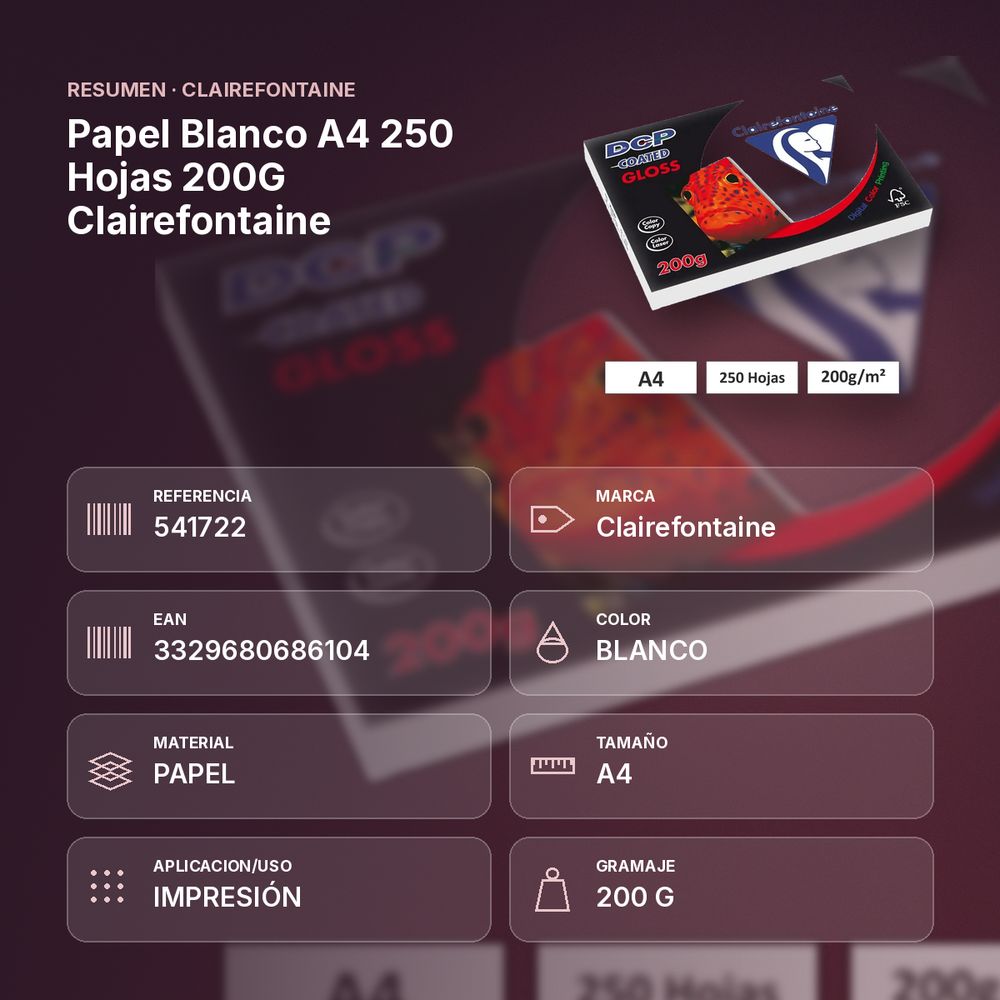 PAPEL BLANCO A4 250 HOJAS 200G CLAIREFONTAINE - resumen de atributos