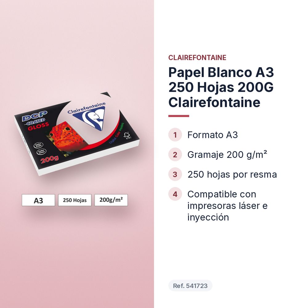 PAPEL BLANCO A3 250 HOJAS 200G CLAIREFONTAINE - características principales