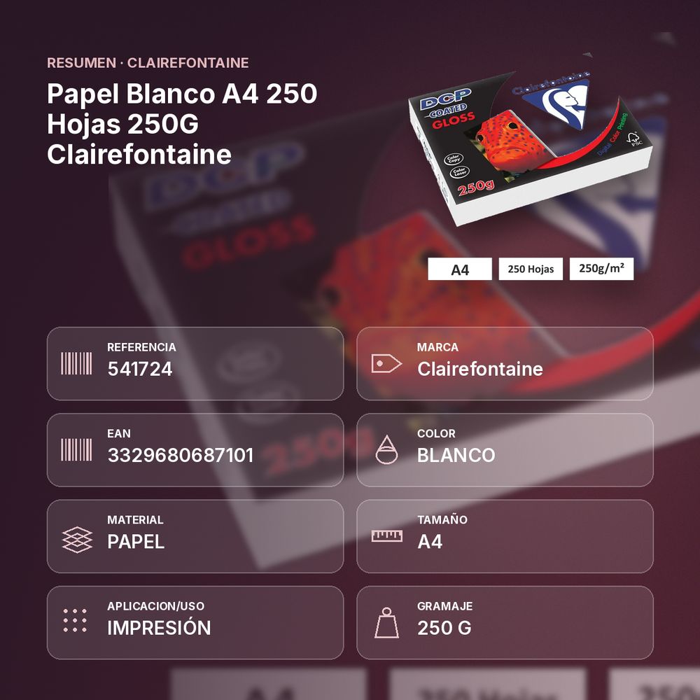 PAPEL BLANCO A4 250 HOJAS 250G CLAIREFONTAINE - resumen de atributos