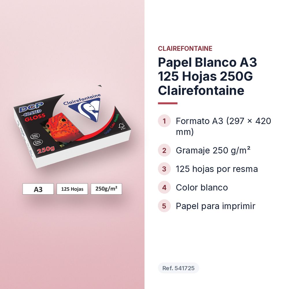 PAPEL BLANCO A3 125 HOJAS 250G CLAIREFONTAINE - características principales