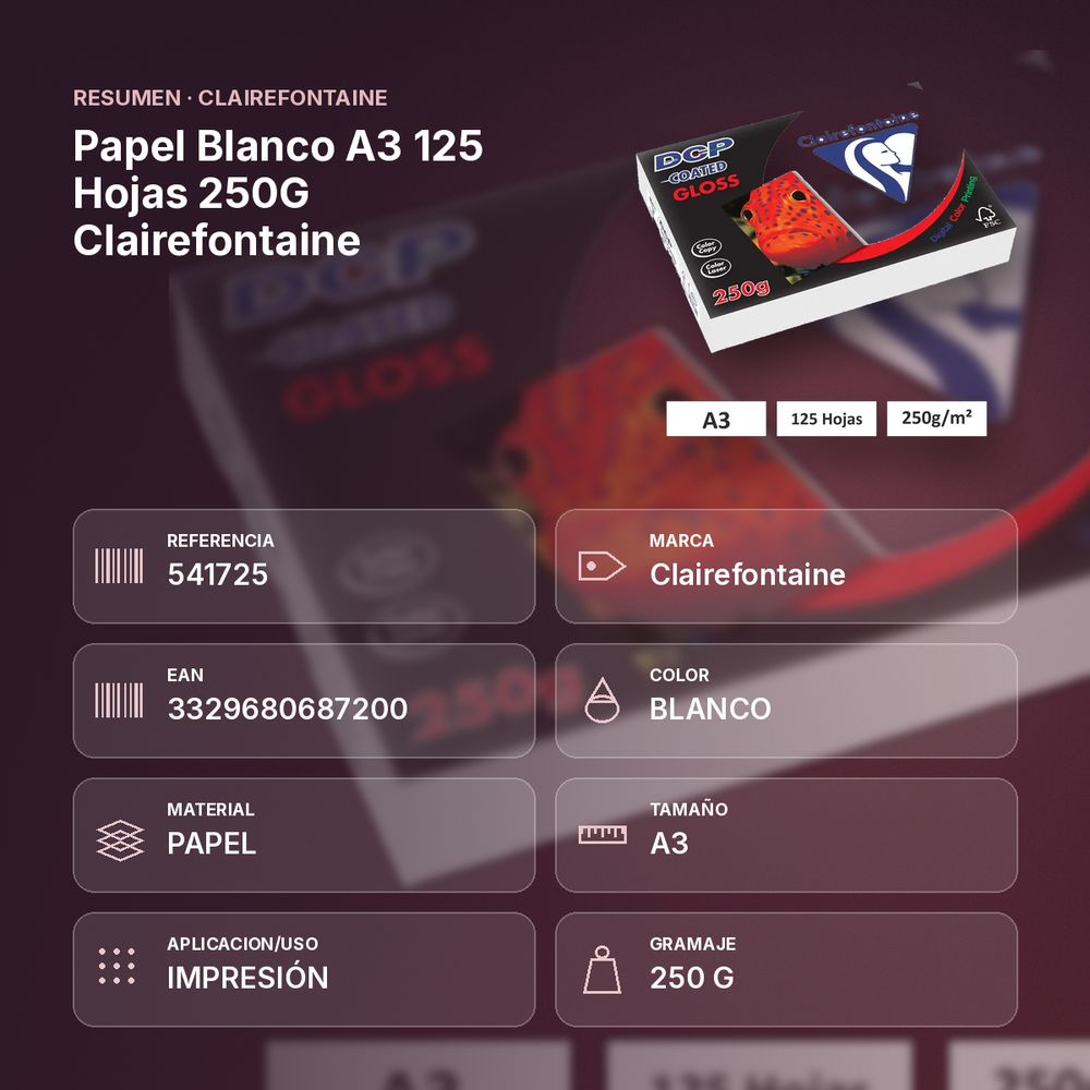 PAPEL BLANCO A3 125 HOJAS 250G CLAIREFONTAINE - resumen de atributos