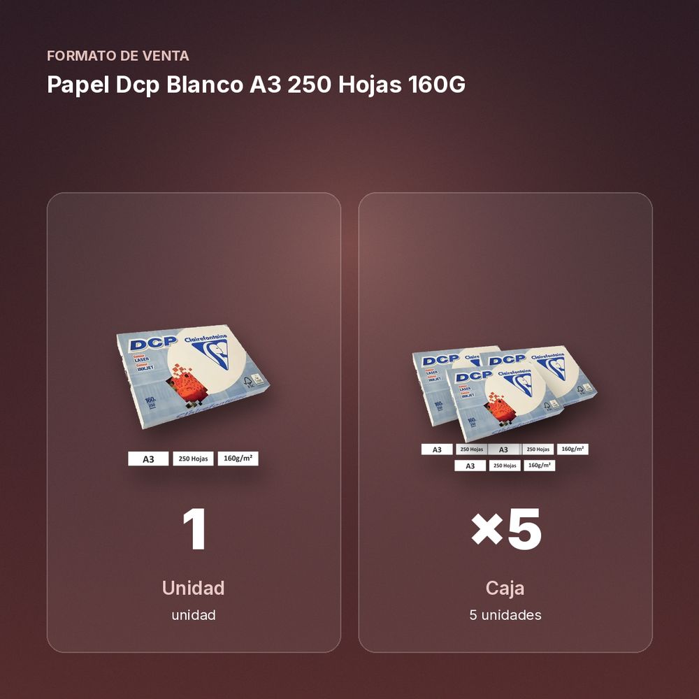 PAPEL DCP BLANCO A3 250 HOJAS 160G  - formato de venta: caja de 5