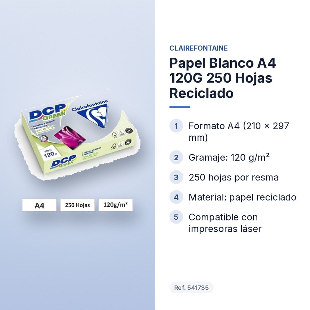 PAPEL BLANCO A4 120G 250 HOJAS RECICLADO - características principales