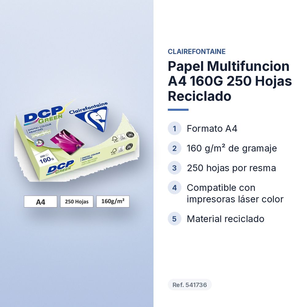PAPEL MULTIFUNCION A4 160G 250 HOJAS RECICLADO - características principales