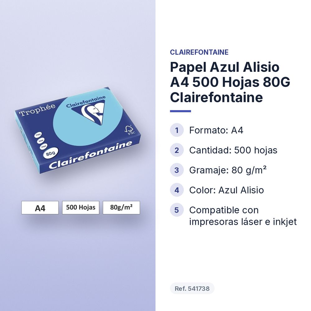PAPEL AZUL ALISIO A4 500 HOJAS 80G CLAIREFONTAINE - características principales