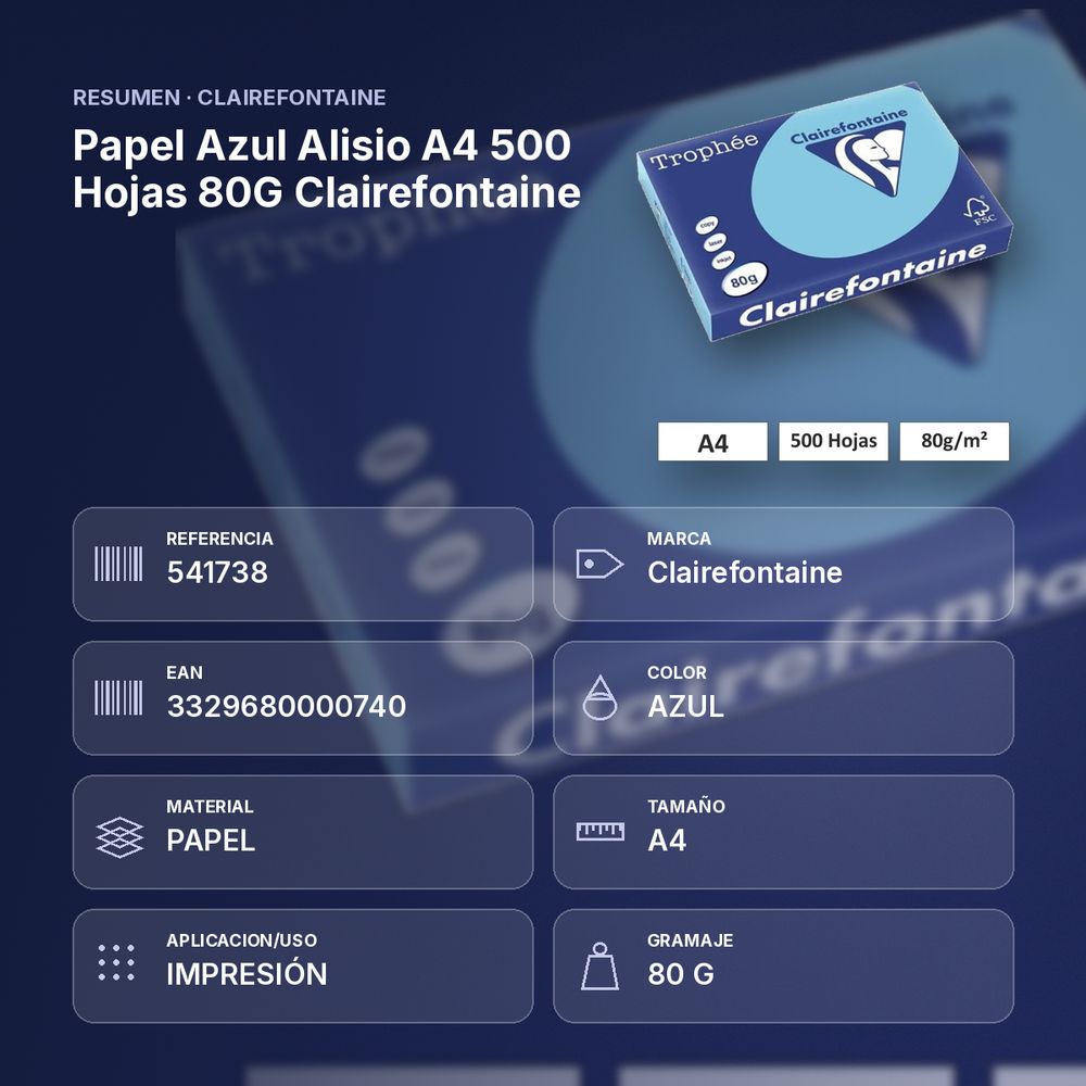 PAPEL AZUL ALISIO A4 500 HOJAS 80G CLAIREFONTAINE - resumen de atributos