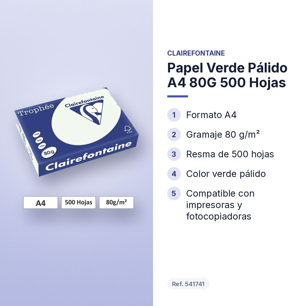 PAPEL VERDE PÁLIDO A4 80G 500 HOJAS - características principales