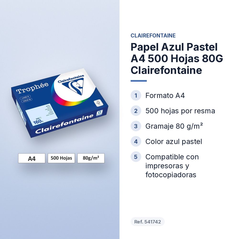 PAPEL AZUL PASTEL A4 500 HOJAS 80G CLAIREFONTAINE - características principales