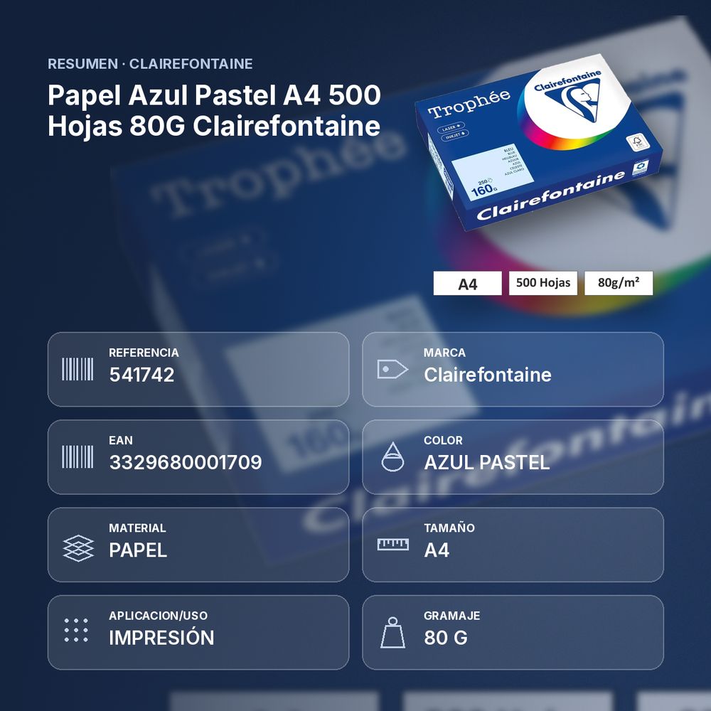 PAPEL AZUL PASTEL A4 500 HOJAS 80G CLAIREFONTAINE - resumen de atributos
