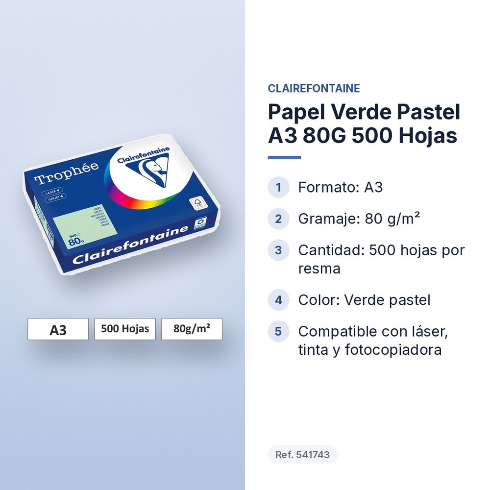 PAPEL VERDE PASTEL A3 80G 500 HOJAS - características principales