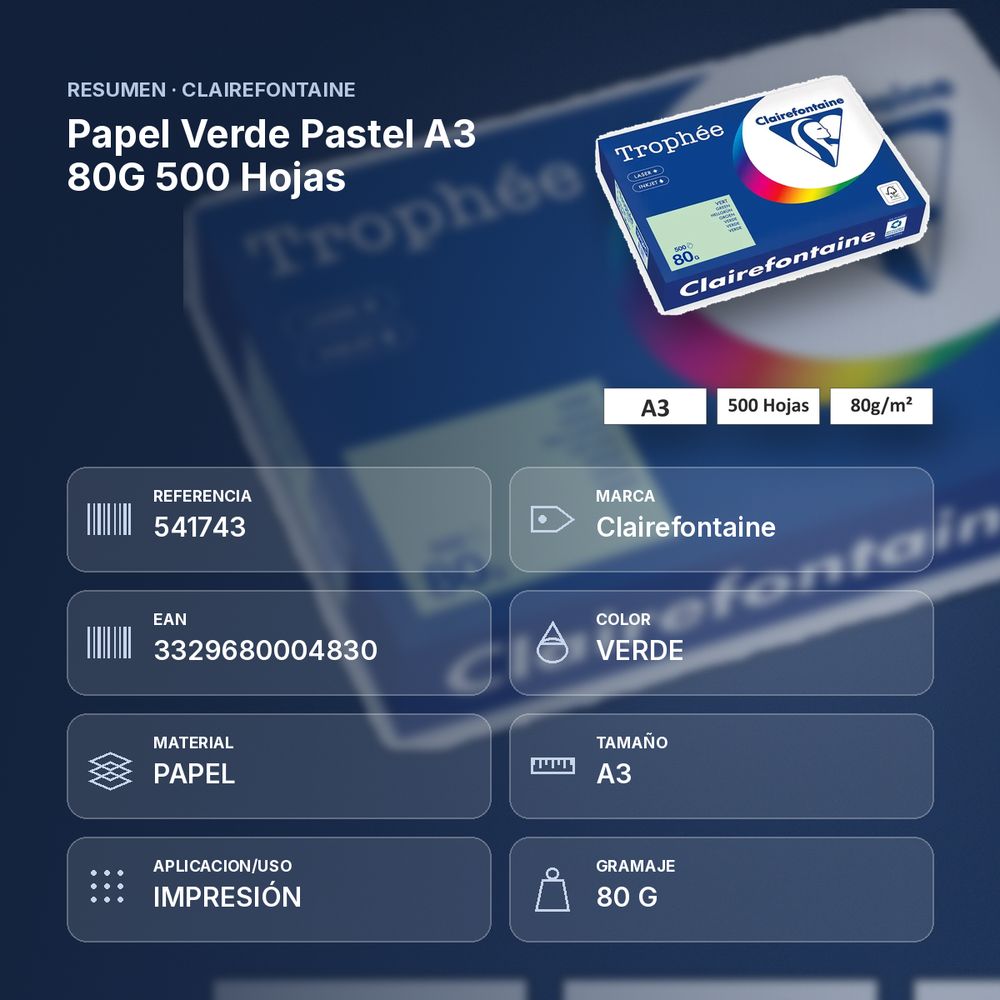 PAPEL VERDE PASTEL A3 80G 500 HOJAS - resumen de atributos