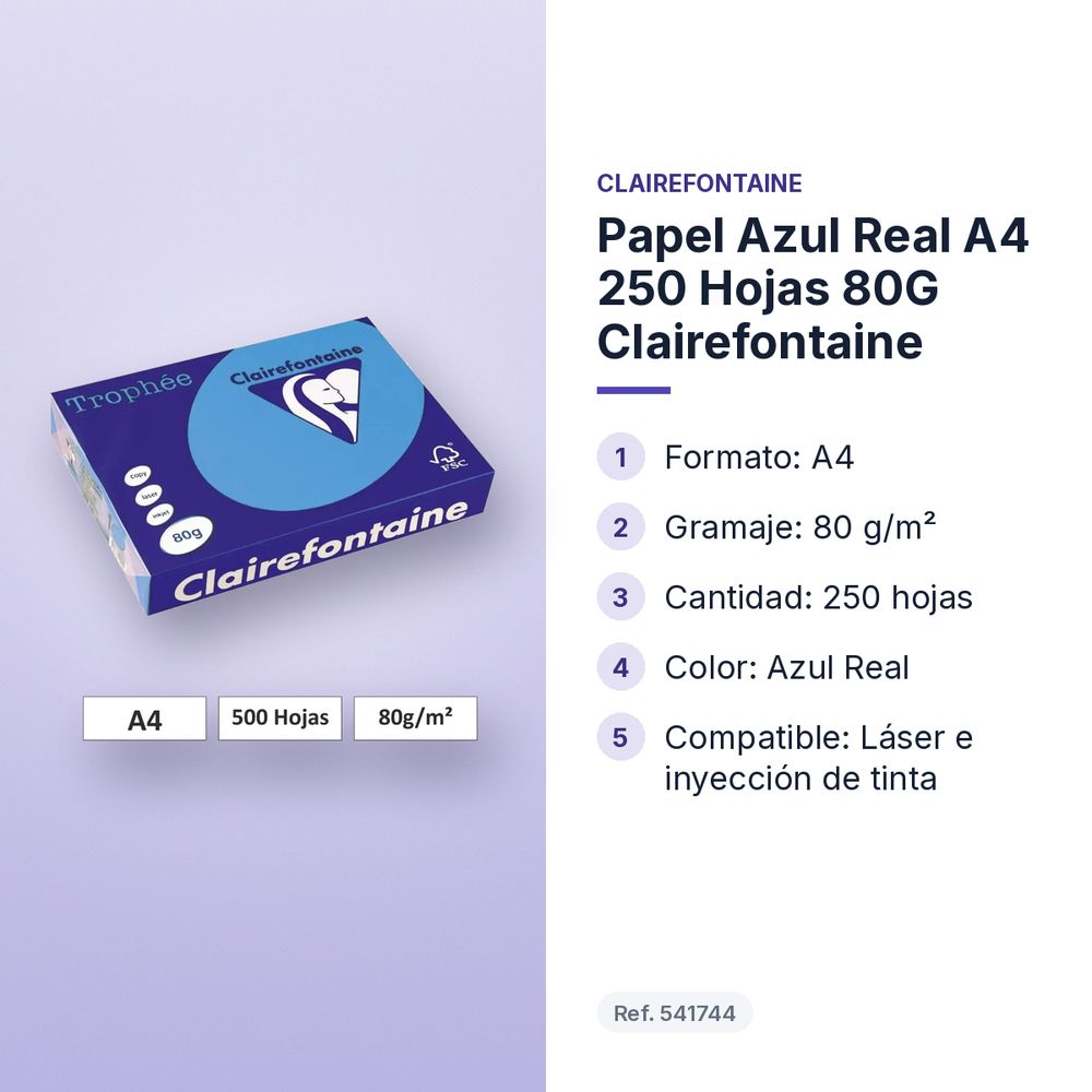 PAPEL AZUL REAL A4 250 HOJAS 80G CLAIREFONTAINE - características principales