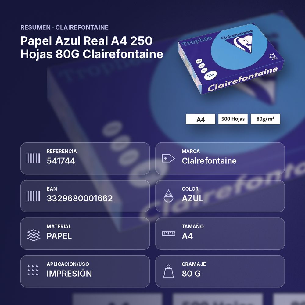 PAPEL AZUL REAL A4 250 HOJAS 80G CLAIREFONTAINE - resumen de atributos