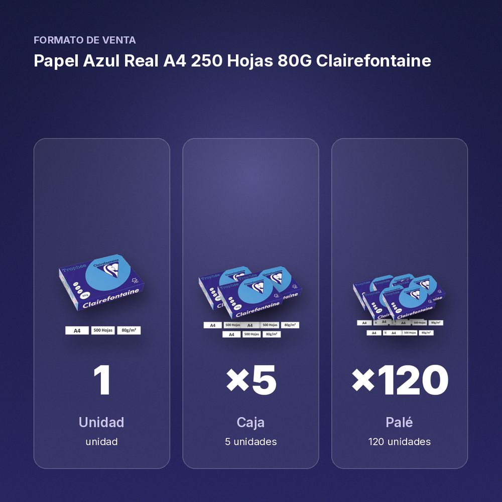 PAPEL AZUL REAL A4 250 HOJAS 80G CLAIREFONTAINE - formato de venta: caja de 5, palé de 120