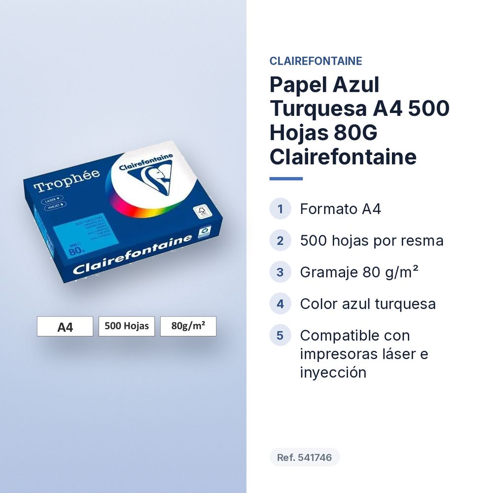 PAPEL AZUL TURQUESA A4 500 HOJAS 80G CLAIREFONTAINE - características principales