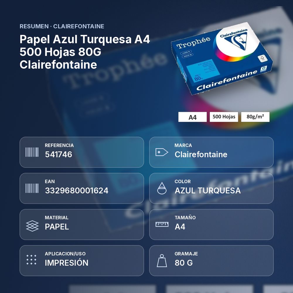 PAPEL AZUL TURQUESA A4 500 HOJAS 80G CLAIREFONTAINE - resumen de atributos