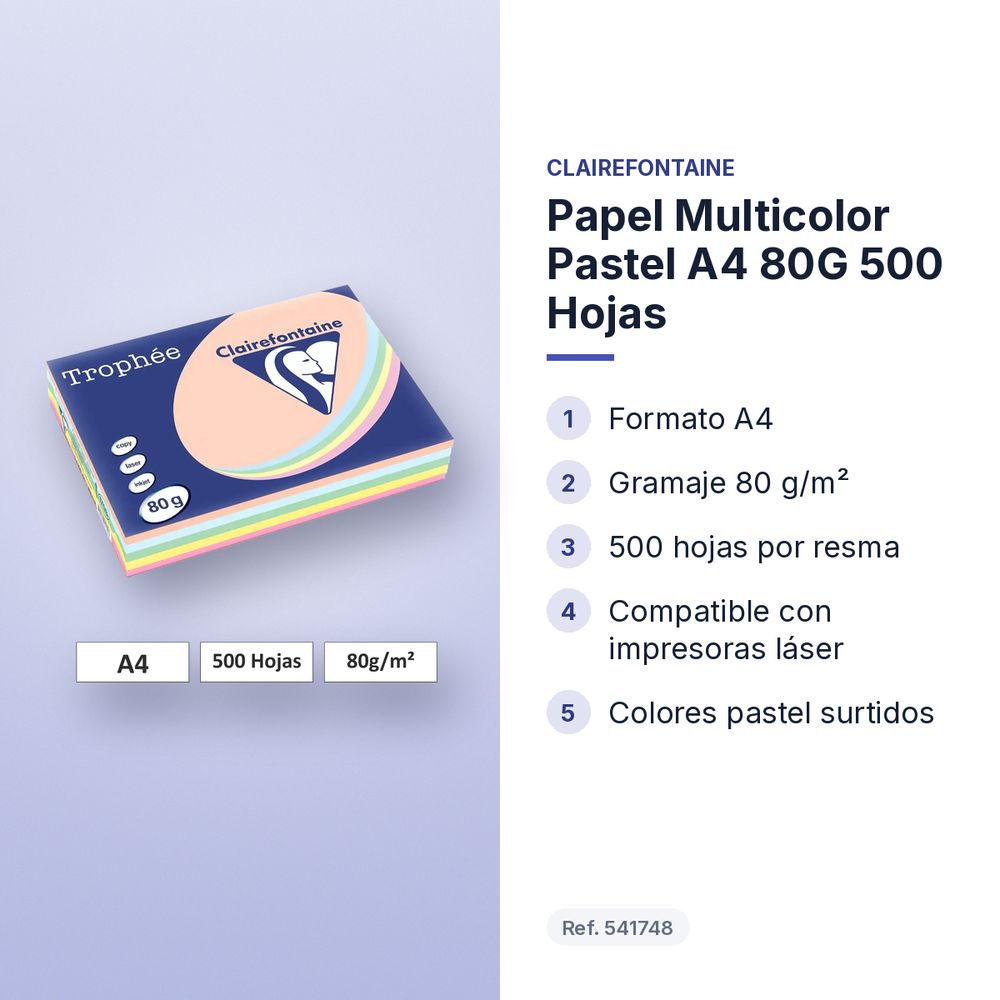 PAPEL MULTICOLOR PASTEL A4 80G 500 HOJAS - características principales