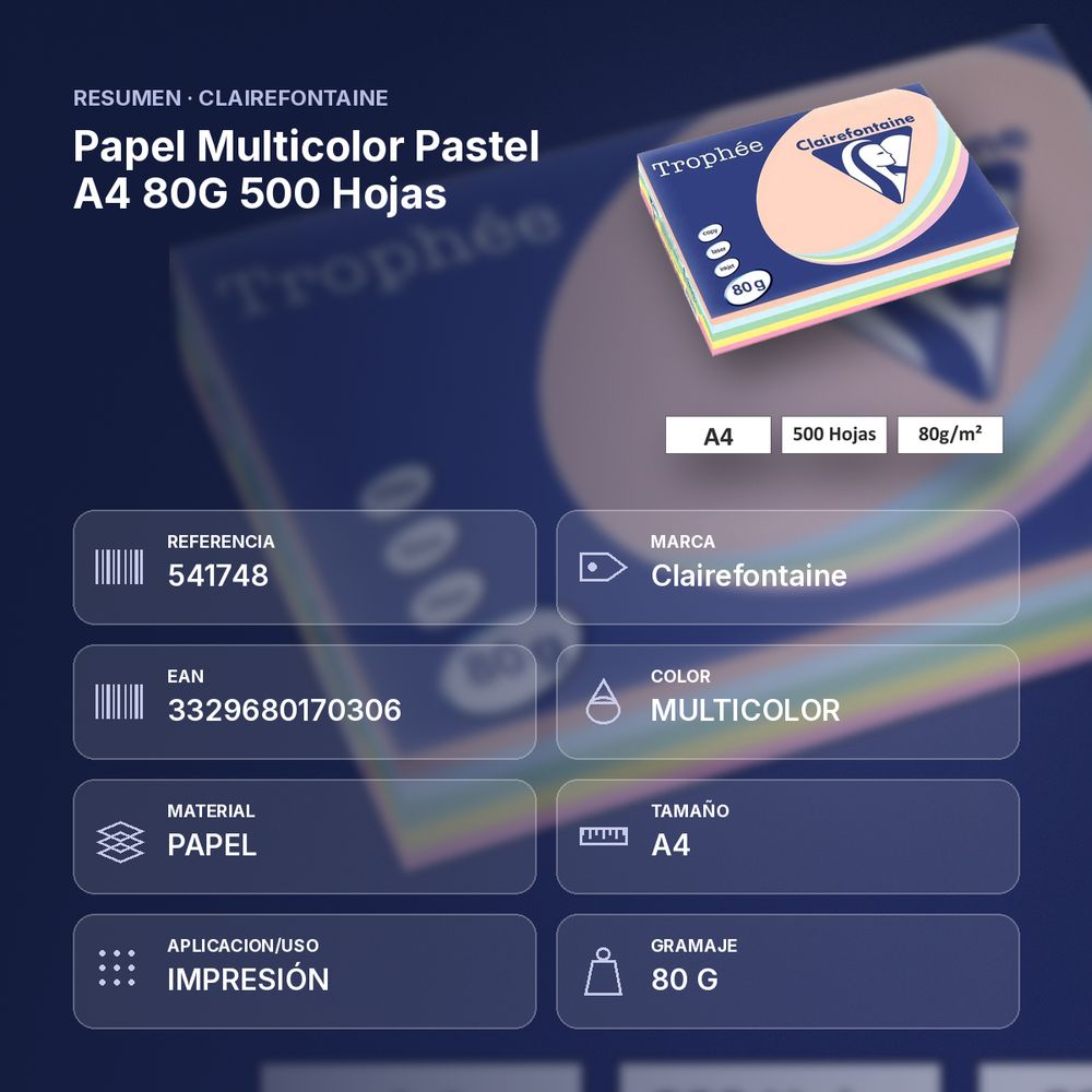 PAPEL MULTICOLOR PASTEL A4 80G 500 HOJAS - resumen de atributos