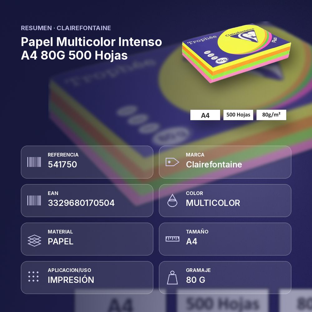 PAPEL MULTICOLOR INTENSO A4 80G 500 HOJAS - resumen de atributos