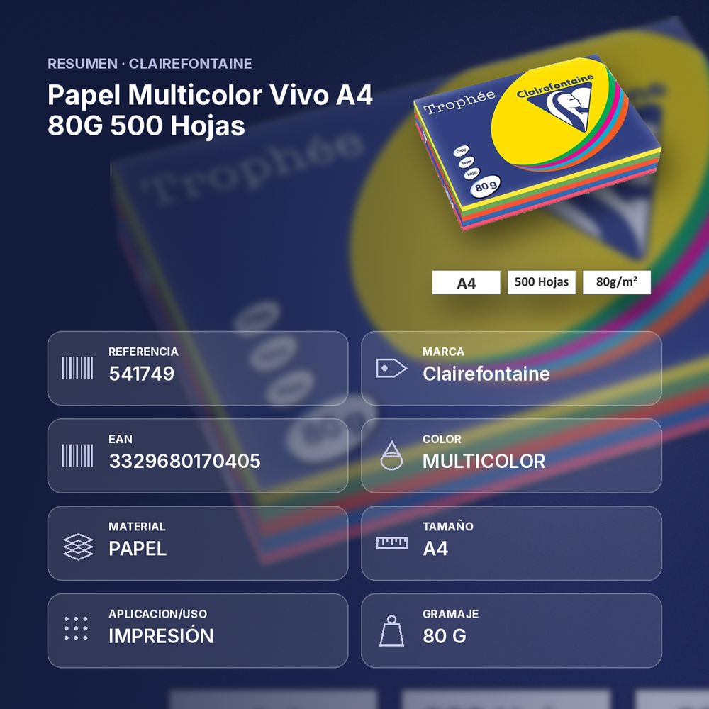 PAPEL MULTICOLOR VIVO A4 80G 500 HOJAS - resumen de atributos