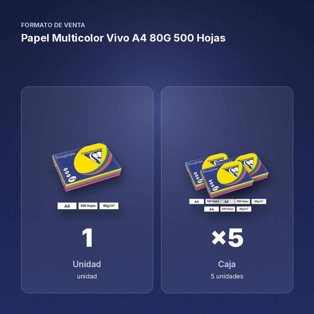 PAPEL MULTICOLOR VIVO A4 80G 500 HOJAS - formato de venta: caja de 5