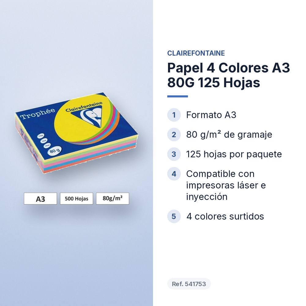 PAPEL 4 COLORES A3 80G 125 HOJAS - características principales