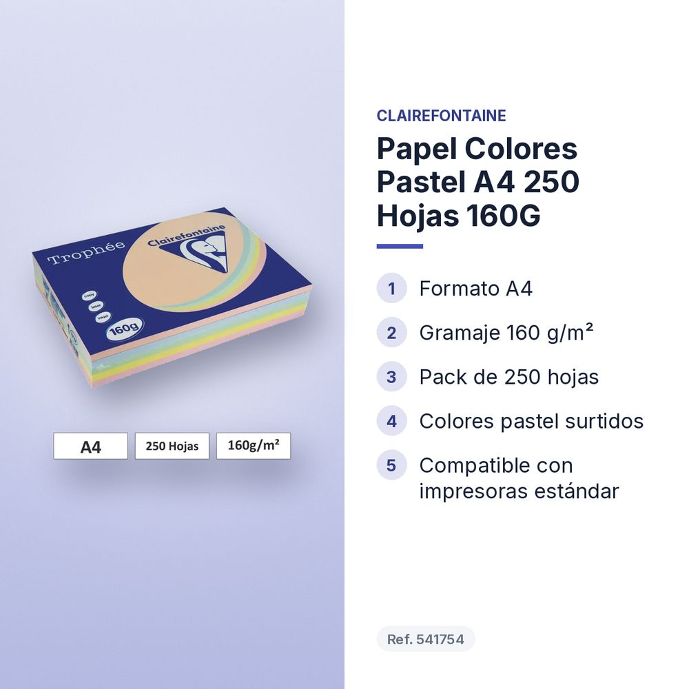 PAPEL COLORES PASTEL A4 250 HOJAS 160G  - características principales